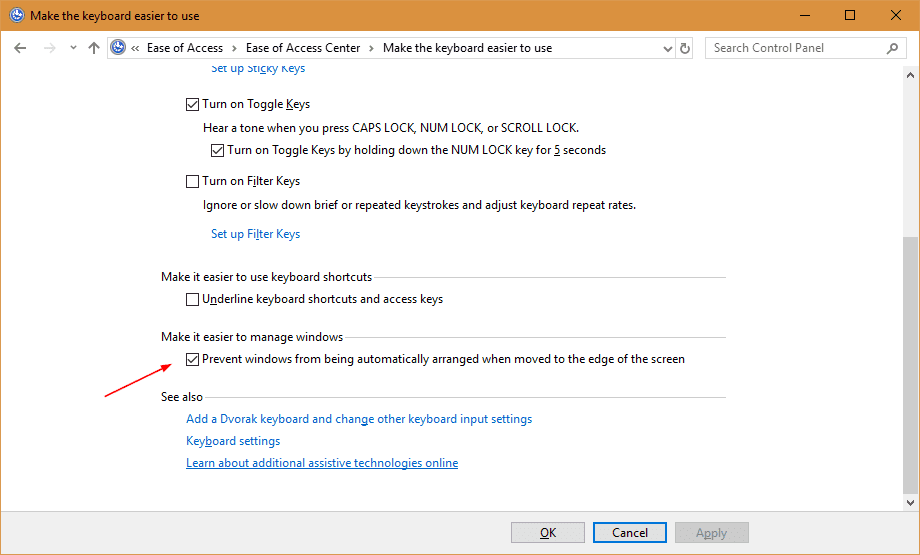 Control Panel Ease of Access Center Make the keyboard easier to use 2017 10 27 23 28 43 - Windows 10 Tip: How To Quickly Move One Window from One Screen to Another