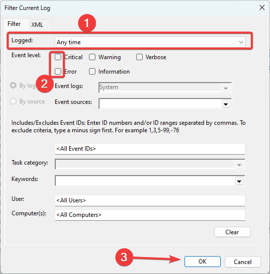 filter log - Top Fixes for System Thread Exception Not Handled BSOD on Windows 11