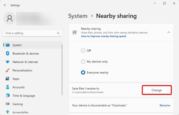 Save files I recieve to 600x385 - Enable and use Nearby Share on Windows 11