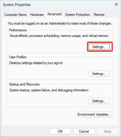 Settings - Settings for High Performance on Windows 11