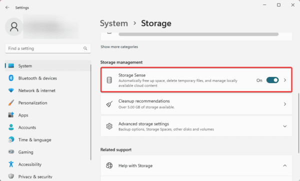 Storage sense 600x362 - Settings for High Performance on Windows 11